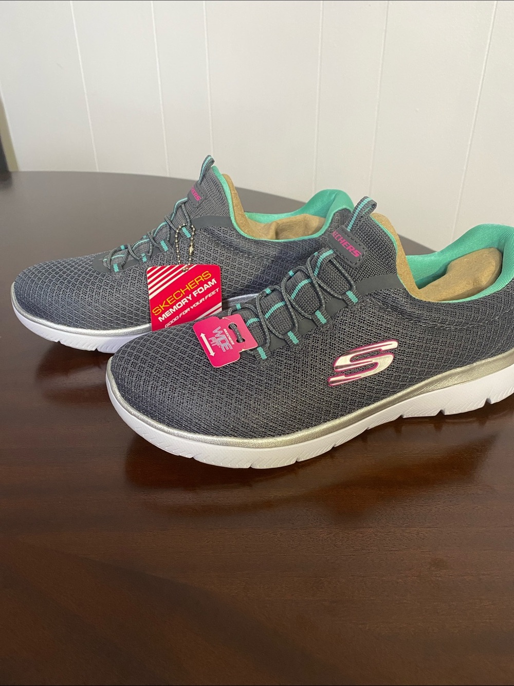 Skechers Gray Slip-On Athletic Shoes with Teal & Pink Accents 8.5 wide